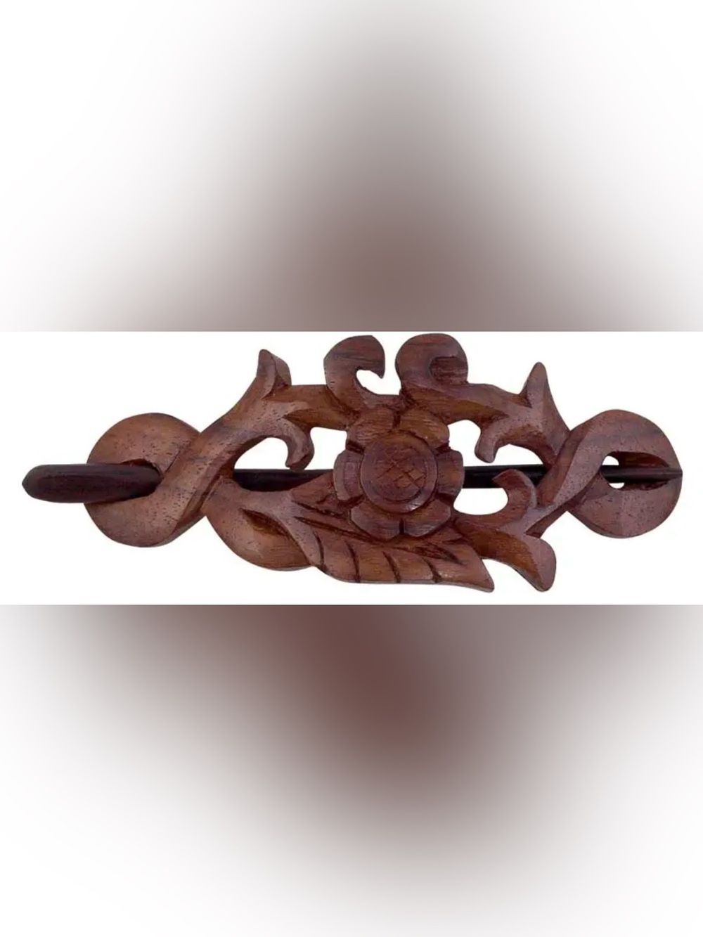 Hand-Carved Floral Wooden Barette in Brown